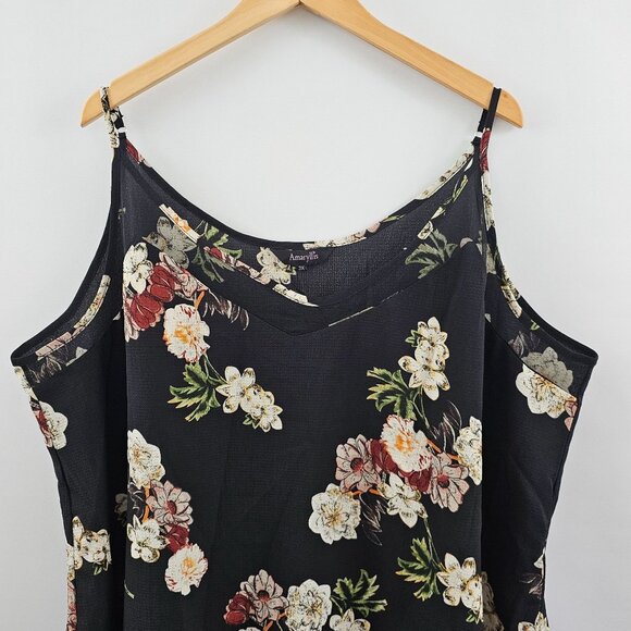 Amaryllis Tank Top 3X Dark Floral Sleeveless Black Cream Red Mesh Lightweight - Picture 5 of 8